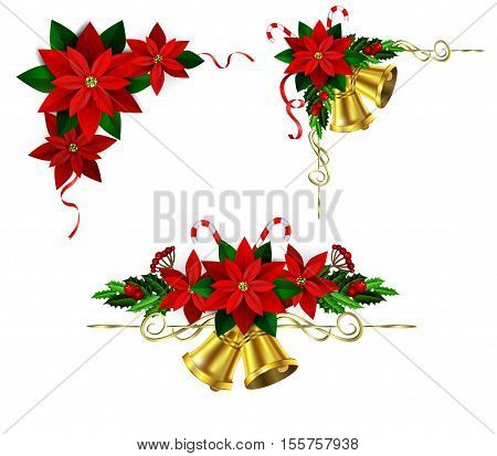 Christmas decoration set with evergreen treess holly and poinsettia isolated