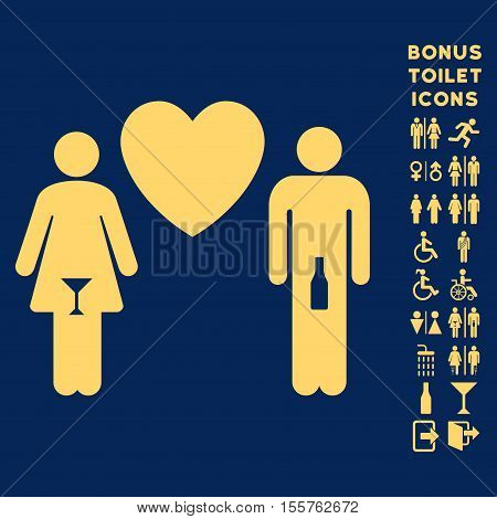 Drunky Love Pair icon and bonus male and lady toilet symbols. Vector illustration style is flat iconic symbols, yellow color, blue background.