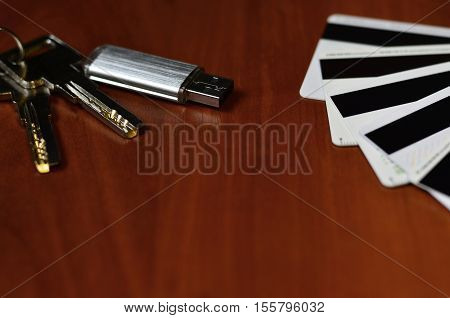 Credit card, memory card and keys - Online security or real estate concept