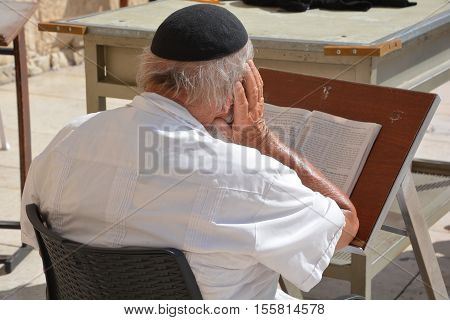 JERUSALEM ISRAEL 26 10 16: Jewish hasidic pray a the Western Wall, Wailing Wall the Place of Weeping is an ancient limestone wall in the Old City of Jerusalem. Second Jewish Temple by Herod the Great