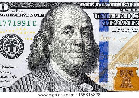 photographed close-up of American paper money worth one hundred dollars, the new American bil