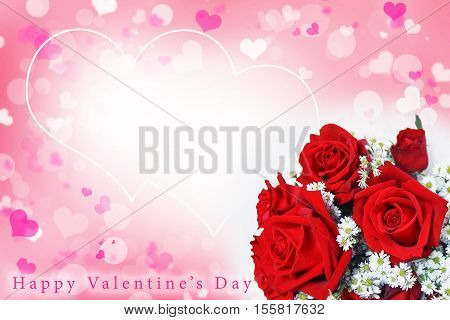 Abstract blurred background of Illustration Valentine's day concept. Pink white hearts. Flower love card. Pastel color tones. Bouquet of beautiful red roses. Happy valentine's day arc text.