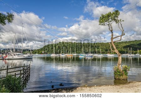 Sailboats in harbor of Windemere at Bowness on sunny day.