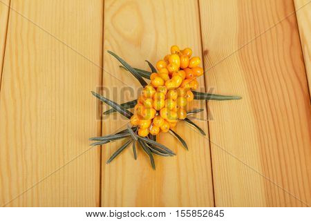 Bunch of ripe sea-buckthorn berries on a background of light wood.