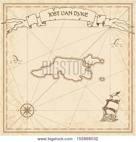 Jost Van Dyke Old Treasure Map. Sepia Engraved Template Of Pirate Island Parchment. Stylized Manuscr