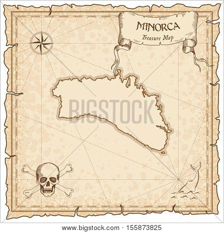 Minorca Old Pirate Map. Sepia Engraved Parchment Template Of Treasure Island. Stylized Manuscript On