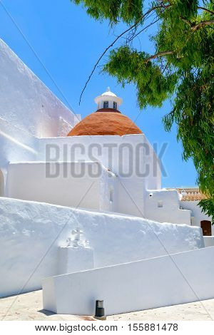 A typical Spanish Ibizan church with whitewashed walls