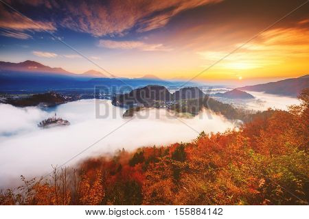 Aerial view of the island on alpine lake Bled from Osojnica viewpoint. Great and gorgeous morning scene. Popular tourist attraction. Location famous place Julian Alps, Slovenia, Europe. Beauty world.