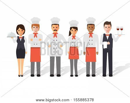 Group of head chefs man and woman chefs sommelier and waitress. Restaurant team concept. Flat design people characters.