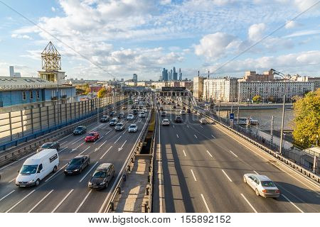 Moscow, Russia-October 01.2016. View of Andreyevsky Bridge and a business center Moscow City