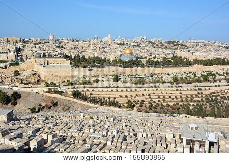 JERUSALEM ISRAEL 23 10 16: Jewish Cemetery on the Mount of Olives, including the Silwan necropolis is the most ancient cemetery in Jerusalem. Burial on the Mount of Olives started some 3,000 years ago