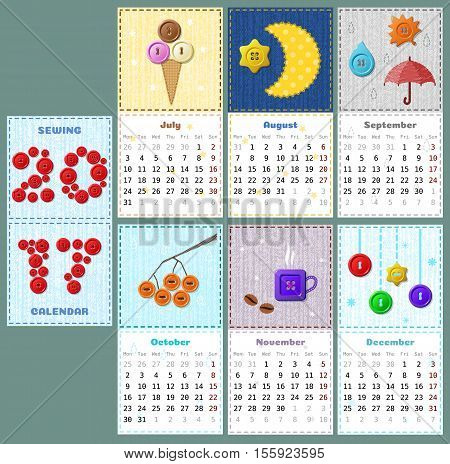 cute sewing calendar 2017 with buttons, stitches and pathes on fabric texture