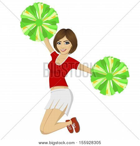 young beautiful cheerleader girl jumping with pom poms wearing red uniform over white background