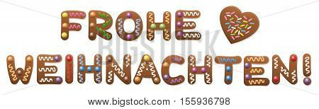 Merry Christmas in german language - Frohe Weihnachten - written with gingerbread cookies.