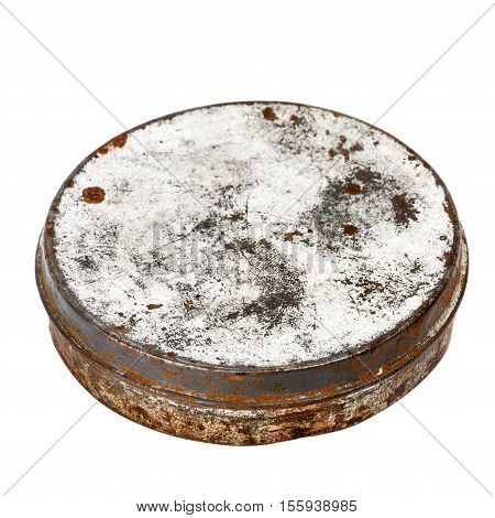 Rusty round metal plate with a date isolated on white background