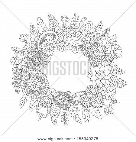 Doodle flower pattern black and white isolated on white background. decorative frame in ethnic Indian style for coloring book product packaging brochures flyers