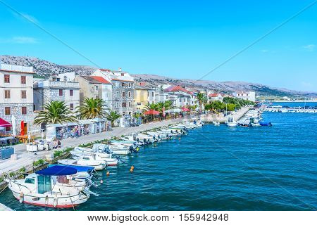 View at mediterranean town Pag, popular touristic place on Island Pag, Croatia Europe.