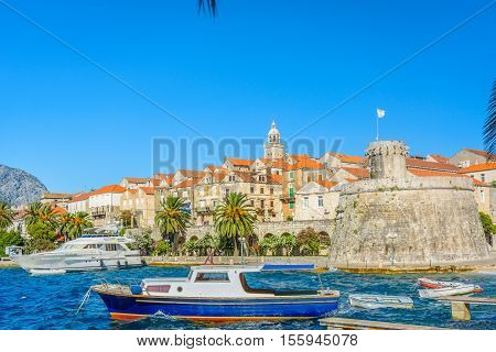 Waterfront view at old city centre in town Korcula, famous historic and touristic place in Croatia, Europe.
