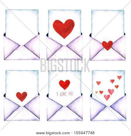 Old-fashioned mail envelope with heart painted in watercolor isolated on white background.