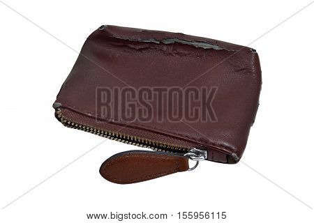 Leather purse with a zipper a small brown cracked damaged.