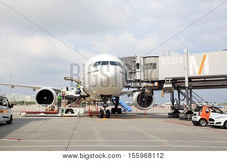 MUNICH, GERMANY - JULY 25, 2016: Aircraft docked in the Munich International Airport, Germany. The Munich Airport (MUC) Germany's second busiest airport is a major hub for Lufthansa (LH).