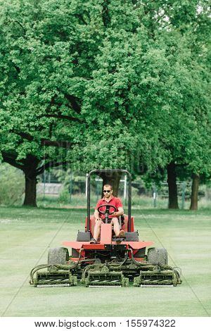Golf course maintenance equipment fairway mower, toned image