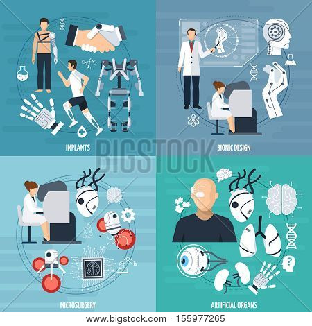 Modern bionics template with different achievements of medical technologies in flat style vector illustration