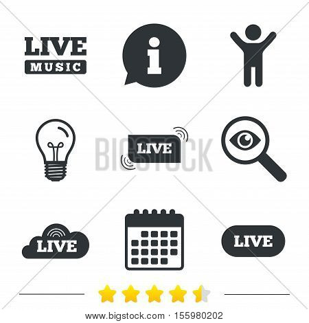 Live music icons. Karaoke or On air stream symbols. Cloud sign. Information, light bulb and calendar icons. Investigate magnifier. Vector