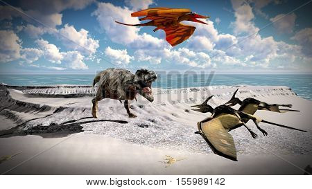 Flying pterodactyl over the land 3d illustration