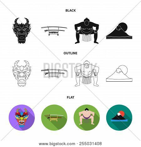 Dragon Mask, Katano, A Man Is A Sumo Player, A Fujiama Mountain.japan Set Collection Icons In Cartoo
