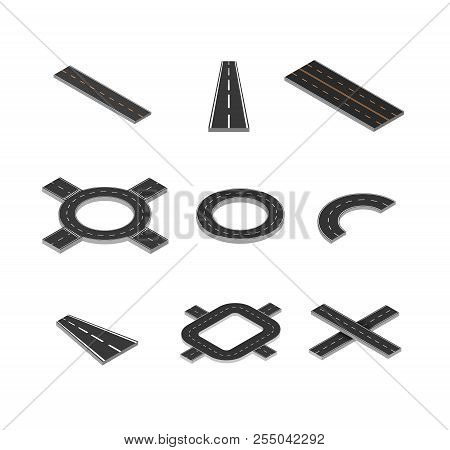 Isometric Asphalt Road. Crossroad Isometria Vector Set