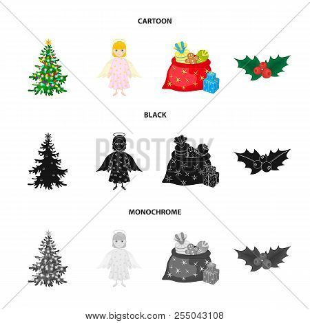 Christmas Tree, Angel, Gifts And Holly Cartoon, Black, Monochrome Icons In Set Collection For Design