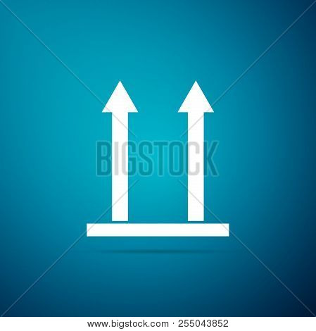 This Side Up Icon Isolated On Blue Background. Two Arrows Indicating Top Side Of Packaging. Cargo Ha