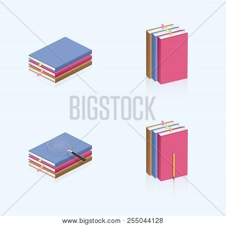 Isometric Book. Isometria Education With Magnifier And Wooden Pencil