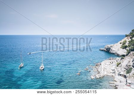High Angle View Of Boats On Turquoise Mediterranean Sea