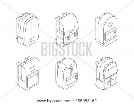 Set Of Backpacks Isometric Icons In Line Design Vector Illustration Isolated On White Background. Ba