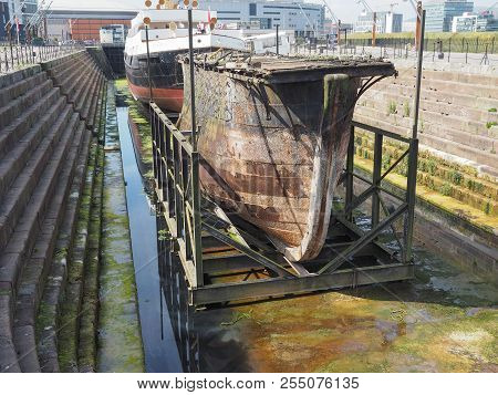 Belfast, Uk - Circa June 2018: Steel Caisson Lock Gate In Dry Dock