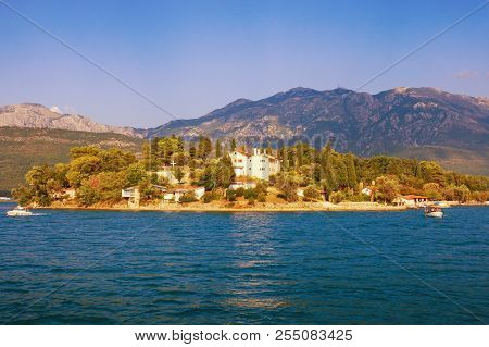 Sunny Mediterranean Landscape. Montenegro, View Of Bay Of Kotor And Miholjska Prevlaka Island ( Isla