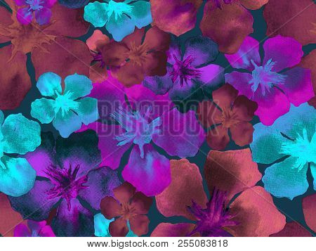 Hawaiian Watercolor Pattern. Ultraviolet Floral Tropical Seamless Print. Hibiscus And Oleander In Ha