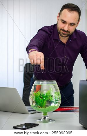 Man In Shirt Is Feeding Fish In An Aquarium