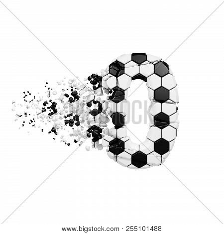 Broken Shattered Alphabet Number 0. Crushed Soccer Font Made Of Football Texture. 3d Render Isolated