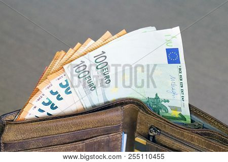 Wallet Stuffed With Euro Banknotes. Stuffed Leather Wallet. Euro Bills In Wallet. Leather Wallet, Fr