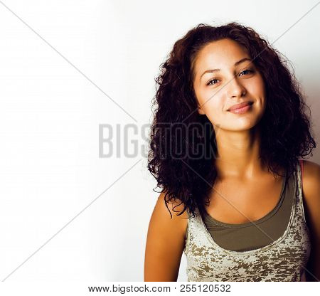 Young Pretty Taned Girl Close Up Portrait Smiling Confident Brun
