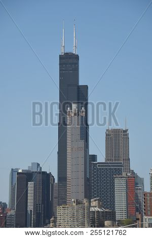 The Willis Tower (formerly Sears Tower) And 311 South Wacker Under A Clear Blue Sky, Chicago, Il May