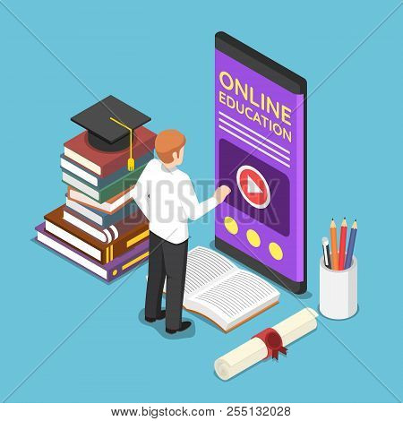 Flat 3d isometric businessman using e-learning or online education application on smartphone. Online education concept.