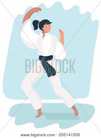 Beautiful Martial Arts Girl In Kimono Exercising Karate. Brunette Woman Practicing Battle Stance Or 