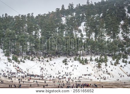 Snow And Mountain On Michlifen Morocco In Winter 2018