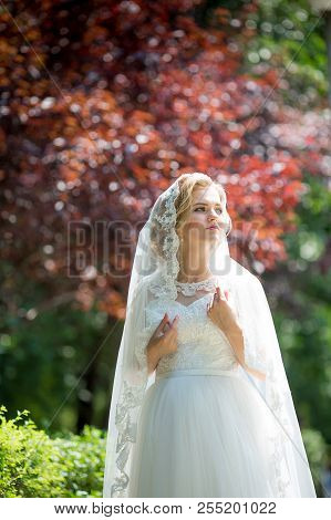 Beautiful Blonde Bride With Stylish Make-up In White Dress With A Wedding Bouquet