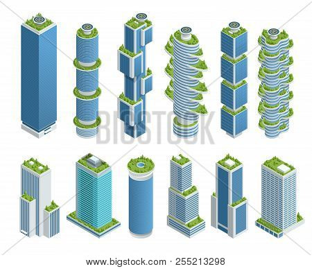 Isometric Set Of Modern Ecologic Skyscraper With Many Trees On Every Balcony. Ecology And Green Livi