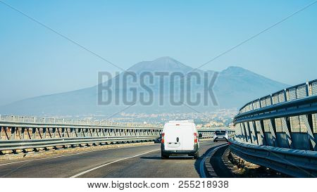 Minivan On The Road In Italy At Mount Vesuvius Mountain